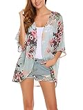 BLUETIME Womens Floral Print Sheer Chiffon Kimono Cardigan Blouse Loose Beach Cover up (S, Green)