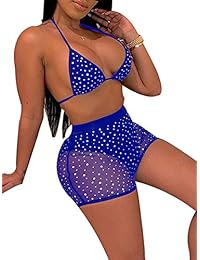 Trajes de baño de 2 piezas para dama, sexy, de malla, con lentejuelas, con sujetador, parte superior y pantalones cortos