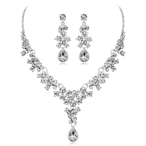 Keliay Alloy Rhinestone Pearl Necklace Earrings pendants Set Wedding Jewelry Gift Best for Gift (White)