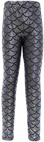 Girl's Glittery Shiny Little Mermaid Fish Scale Print Leggings Pants, Multi,XL
