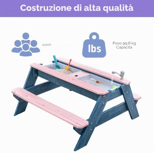 Kids - Tavolo da picnic 3 in 1 per attività in legno e acqua, per esterni, trasformabile, con ombrello, 2 scatole da gioco, parte superiore rimovibile, per esterni (rosa/blu marino)