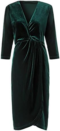 Women’s Velvet Dress V-neck Wrap Medium Sleeve Dresses (Large, Green)