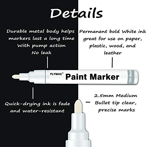 White Paint Pens, 6 Pack 2.5mm Medium Tip White Paint Marker Permanent