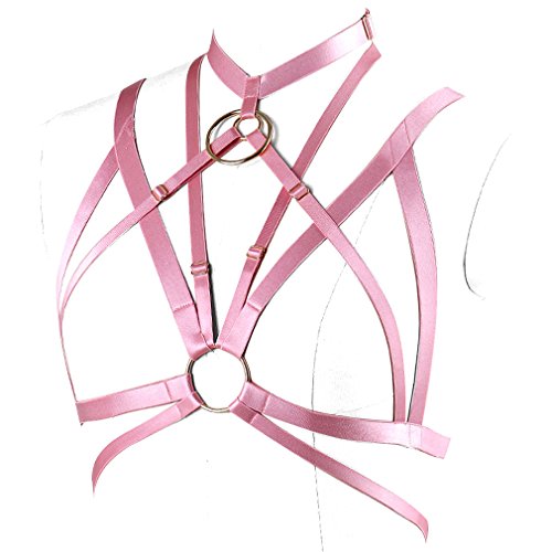 PETMHS Gothic Body Harness Bra Strap Tops Cage Lingerie Pink for Women Harness Belt (Rubber red O0590) - Thumbnail 2