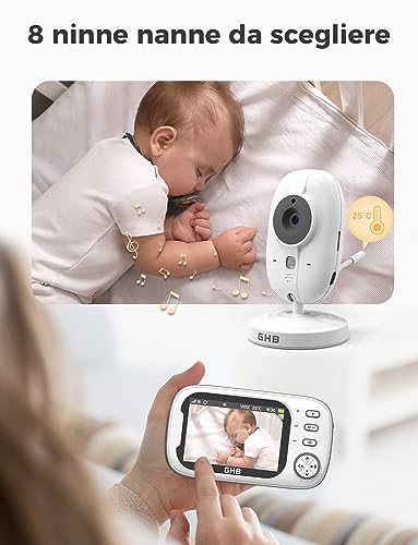 GHB Baby Monitor Video and Audio 3.5 Inch 720HD Camera, 2000 mAh Battery, Two-Way Communication, VOX Night Vision Temperature Monitor, Lullabies