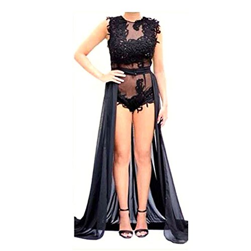 Missord Sleeveless Slim Lace Maxi Playsuit with Front Open Leg Cape Large Black - Thumbnail 4