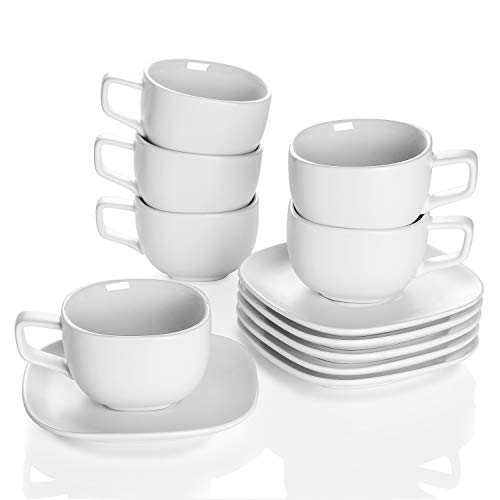 Teocera Porcelain Cappuccino Cups with Saucers - 8 Ounce for Specialty Coffee Drinks, Cappuccino and Tea - Set of 6, Matte White