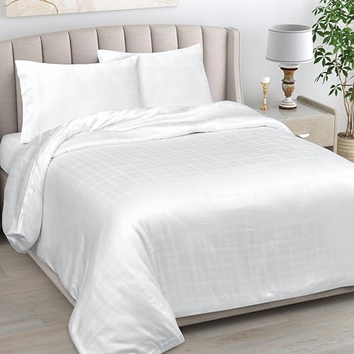LINENWALAS Emperor Duvet Cover White - 100% Natural Organic Bamboo Designer Checks 3Pc Zipper Duvet Cover Set With Corner Ties-Silk Soft Cooling Luxury Bedding Perfect for Skin (Emperor, White) โ image 1