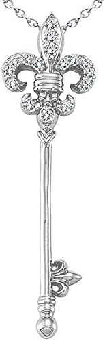 0.08 Carat G-H Diamond Beautiful Fleur De Lis Key Charm Key Pendant Necklace With Chain 14K White Gold