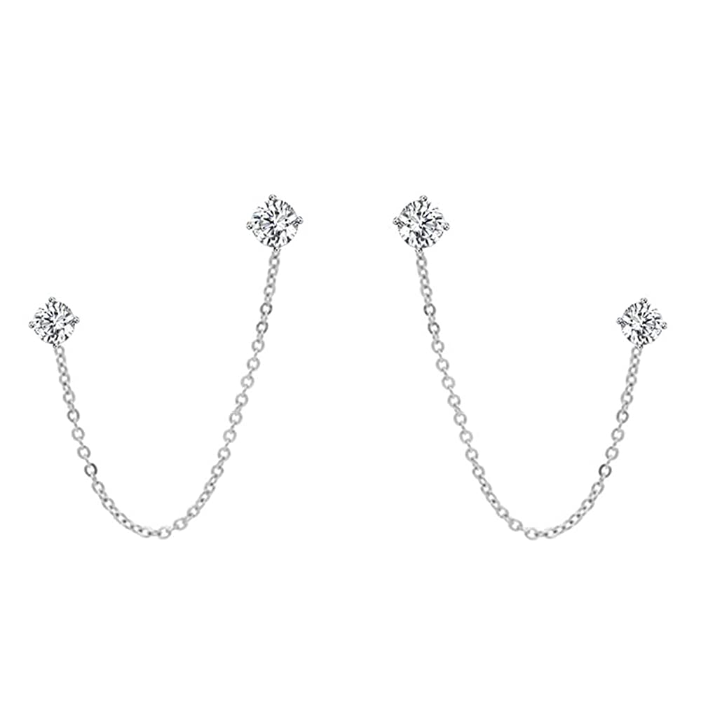 4 Prong CZ Round Stud With Chain Cuff S925 Sterling Silver Earrings for Women Girls Cartilage Double Piercing Holes Fashion Chic Minimalist Climber Crawler Threader Hypoallergenic Gifts