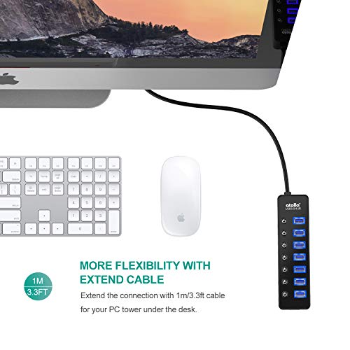 Atolla 7-Port Powered USB 3.0 Hub – Data Splitter With Smart Charging Port, Black, CH-207U3