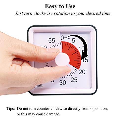 60 Minute Visual Analog Desktop Kid Timer Countdown Clock Optional Alert (3S/60S) Small/Big Sound Square for Classroom Meeting Kids Adults (Black Color)