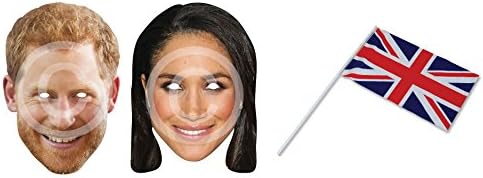 Prince Harry &amp; Meghan Markle Card Masks &amp; 1 Union Jack Hand Waving Flag