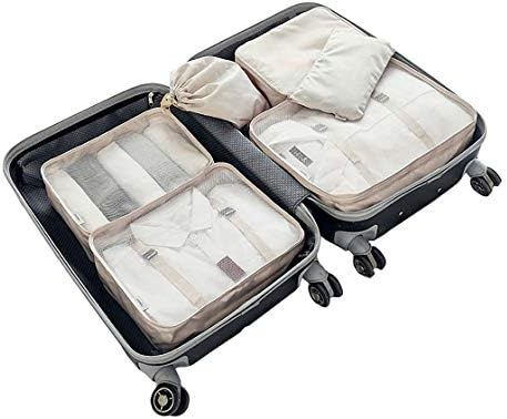 Packing Organizers - Clothing Cubes Shoe Bags Laundry Pouches For Travel Suitcase Luggage, Wrinkle Free Storage Organizer 6 Set Color Beige