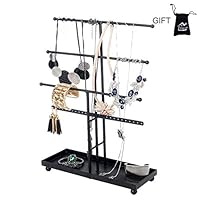 Necklace Holder 3 Plus 1 Tier Tabletop Jewelry Organizer Jewelry Stand with Ring Tray to Organize Necklaces, Bracelets, Earrings, Rings and Watches, Black