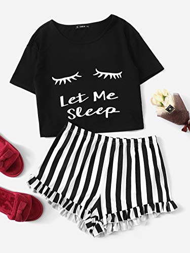 DIDK-Damen-Kurz-Schlafanzug-mit-Slogan-Pyjama-Set-Streifenhose-Hausanzug-Sommer-Sleepwear