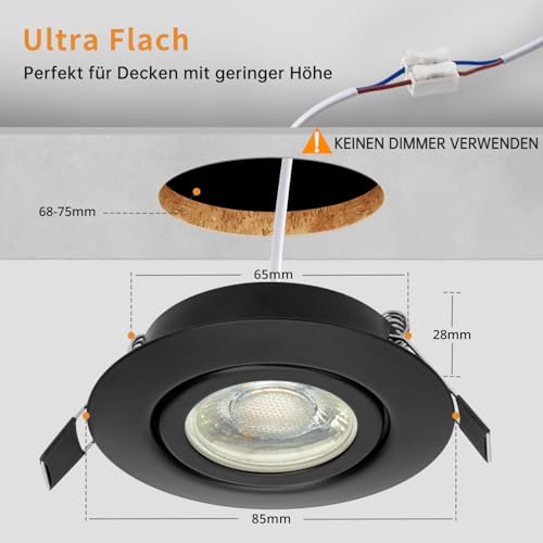wowatt 10 LED Recessed Spotlights, 230 V, 3 Levels, Dimmable, 7 W LED Spotlights, Black, Flat, IP44 Recessed Lights, 700 lm, Replaces 70 W Halogen Recessed Spotlights, Warm White, 2800 K, Ceiling