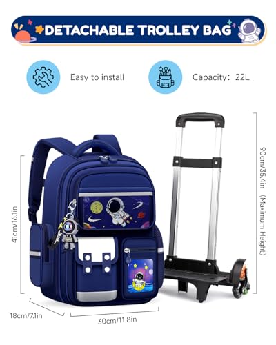 Amythe School Bag with Wheels for Boys 6-10 Years, Primary School Backpack with Removable Trolley, 6 Wheels, 20L School Bag with Reflective Strips for Children, Blue
