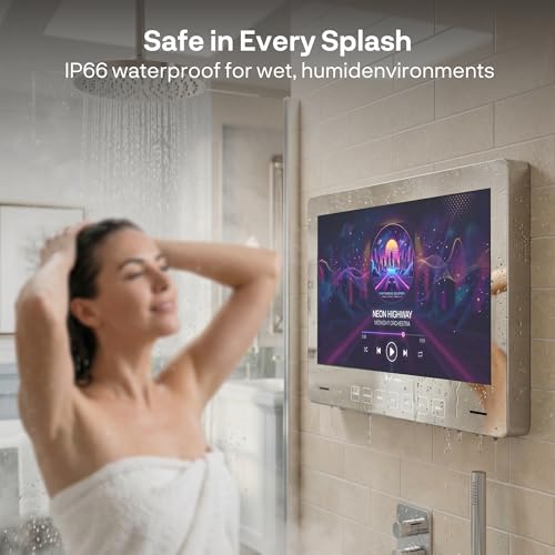 SYLVOX 32 Inch TV Mirror, Smart Google Television 1080P FHD Mirror Wall Mount Design Television IP66 Waterproof, DVB-C/T2/S2 | WiFi, Google Assistant, for Shower, Bathroom