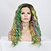 IMSTYLE Multicolor Lace Front Wigs Rainbow Colorful Green Wigs Loose Curl Dark Root Synthetic Hair Wig Glueless Heat Resistant with Natural Hairline 22 Inch
