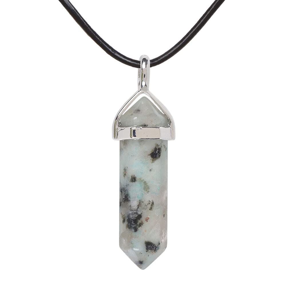 Natural Kiwi Jasper Gemstone Hexagonal Pointed Reiki Chakra Pendant Genuine Leather Necklace 18" — image 1