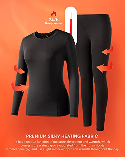Womens Thermal Underwear Pajamas Set - Ultra-Soft Fleece Lined Long Johns Winter Skiing Base Layer Top and Bottoms Suits Black
