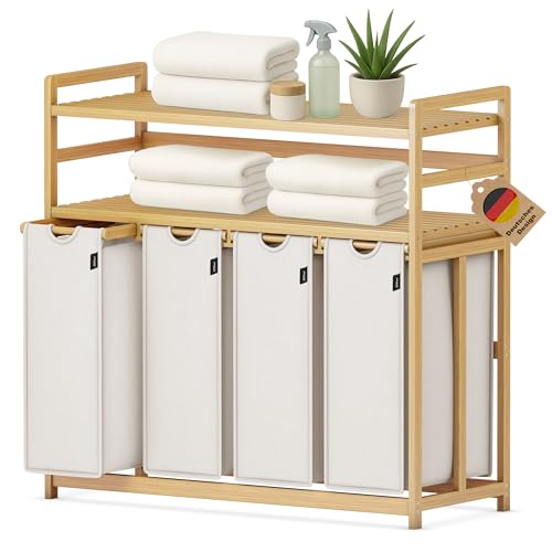 XMHome Wäschesammler 4 fächer, 198L Wäschekorb,2 Ablagen,Bambusrahmen