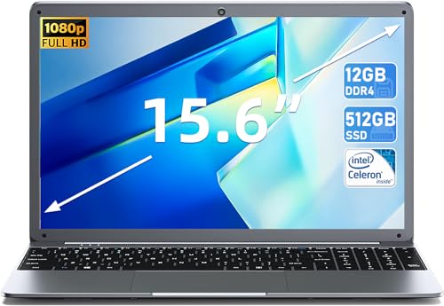 SGIN Laptop, 15.6 Inch Laptops Computer with Intel Celeron N5095 Processor(Up to 2.9GHz), 12GB DDR4 512GB SSD FHD 1920x1080 Display, Bluetooth 4.2, Webcam, USB 3.0, WiFi