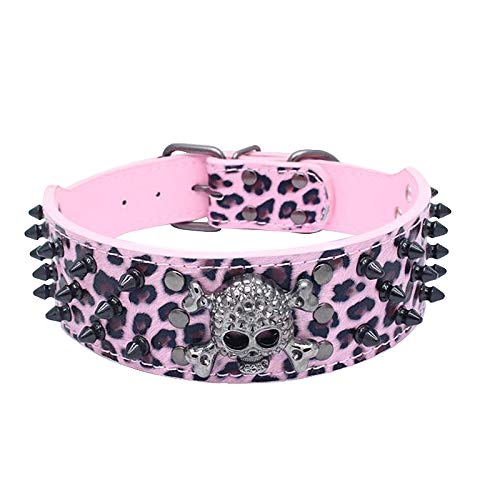haoyueer Sharp Spiked Studded Dog Collar 2 Inch Width Stylish Leather Dog Collars for Medium & Large Dogs Pitbull,Labrador,Boxer Rottweiler German Shepherd … (XL, Pink Leopard-3)