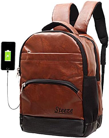 STEEZE Faux Leather Casual Laptop Backpack with USB Charging Port for Unisex (Brown 15.6")
