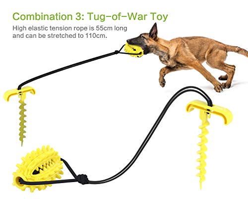 Pecute 3 In 1 Dog Tie Out Cable and Stake, Dog Tug of War Toy Puppy Chew Toys Portable Dog Teething Toy, Tough and Bite-Resistant, Molars, Teeth Cleaning(Yellow, 2m Cable)