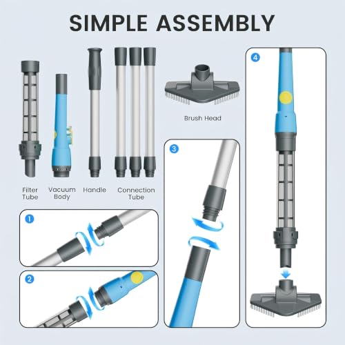 Hushlight Hot Tub Vacuum - Cordless Pool Vacuum for Above Ground Pool Rechargeable Stick for Fast Sand & Debris Removal in All Pool Types, Spas & Hot Tubs (Blue)