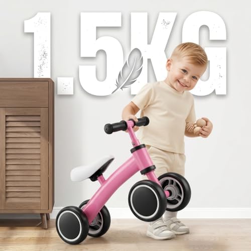 Bicicleta de Equilíbrio Infantil sem Pedal Rosa 4 Rodas para Coordenação Motora, Equilíbrio e Primeiros Passos, Brinquedo de Passeio para Bebê com Desenvolvimento Motor, Segurança e Conforto