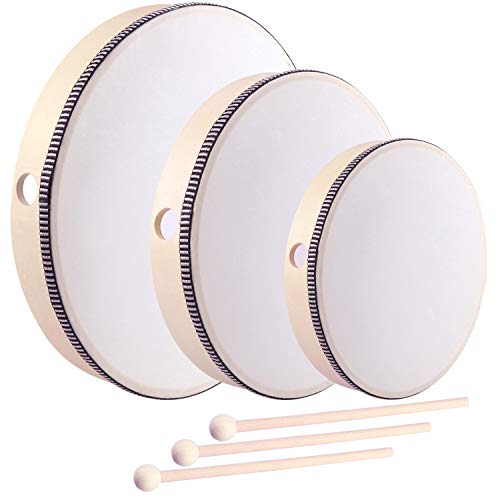HiGift 3 Pack Hand Drums Kids Percussion Wood Frame Drum with Wooden Drum Beater-12 Inch & 10 Inch & 8 Inch - Thumbnail 6