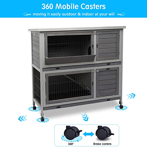 Rabbit Hutch Indoor&Outdoor with Wheels/Pull Out Plastic Trays/Ramp/Divider, 2 Story Large Cages