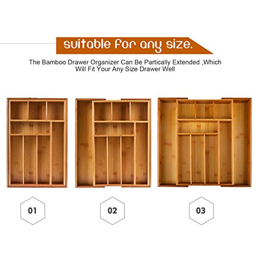 Premium Large 2.5 Inch Deep Pure Bamboo Expandable Utensil Cutlery Tray Flatware Drawer Organizer Adjustable Drawer Divider for All Occassions By Decor Trends,2 Year Warranty