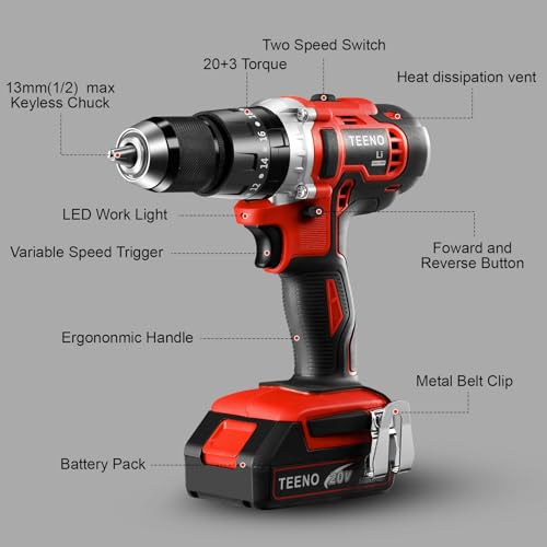 TEENO Cordless Drill Set, Hammer Drill Driver Set 20V 2x2.0Ah Li-Ion Battery, 1/2", with 15 Pieces Bits in Kitbox for Wood Drilling & Screwdriving/Fastening & Metal, Masonry