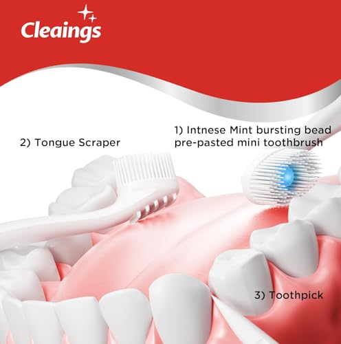 cleaings Disposable Travel Toothbrush 24 Count, 4-in-1 Mini Toothbrush with Toothpaste, No Water Needed with Built-in Flavor Beads & Tongue Cleaner & Toothpick for On the Go Travel, Mint Flavor