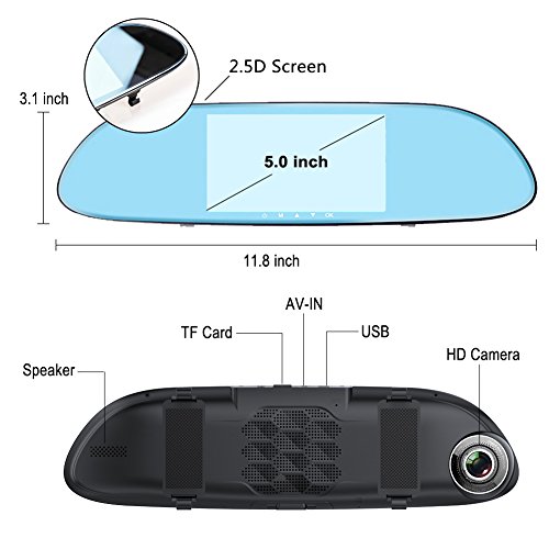 TekBow Car Video Recorder Dual Lens Dash Cam 5.0" Touch Screen Rearview Mirror Full HD 1080P 170 Degree Wide Angle with Front and Back Camera, Night Vision, G-Sensor, Parking Mode, Loop Recording - Thumbnail 5