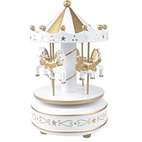 JiaHui Vintage Golden Wooden Merry-Go-Round Horse Christmas Birthday Gift Carousel Music Box, Clockwork Mechanism Laxury Carousel Music Box, Birthday Cake Topper