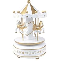 JiaHui Vintage Golden Wooden Merry-Go-Round Horse Christmas Birthday Gift Carousel Music Box, Clockwork Mechanism Laxury Carousel Music Box, Birthday Cake Topper