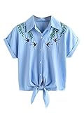 Floerns Women's Short Sleeve Embroidered Shirt Tie Front Top Blouse Denim Blue One Size