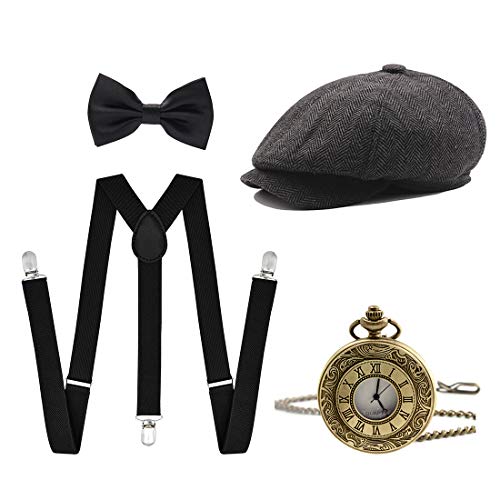 Ziyoot Men's 1920s Accessories Gatsby Gangster Costume Set Gangster Beret Y-Back Suspender (07 Gray)