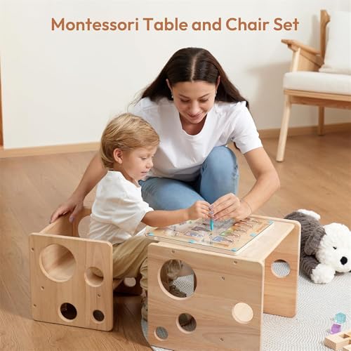 AM ANNA Montessori Wooden Table and Chair Set, Kids Natural Wood Construction, Kids Activity Desk with Storage, 38x36x33cm Table and 31x30x28cm Chair