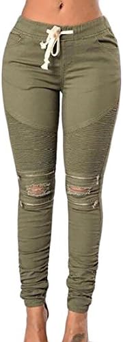 Hanga Roa Womens Waist Drawstring Legging Pants Ripped Hole Casual Trousers Army Green XL