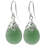 Natural Aventurine Green Teardrop Sterling Silver Filigree Flower Bail and French Hook Earwires Dangle Earrings