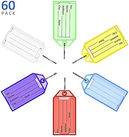 Bondpaw 60 Pack Plastic Key Tags ID Labels Tag Keys Identifier with Split Ring Label Window, Assorted Colors