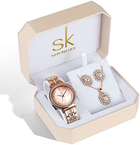 Women Quartz Wrist Watches with Rose Gold Earring and Necklace 3 Sets for Christmas Gifts Valentine's Day