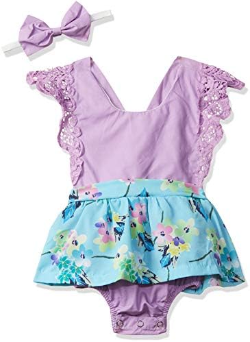 Hopscotch Girls Polycotton Flower Print Onesies with Headband in Purple Color