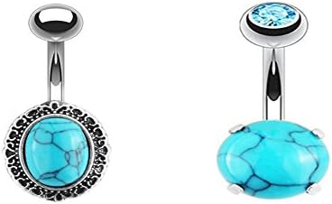3Pcs Stainless Steel Elephant Dragonfly Tortoise Belly Button Rings for Women Navel Piercing Body Piercing Bar (Turquoise Navel Button 2pcs)